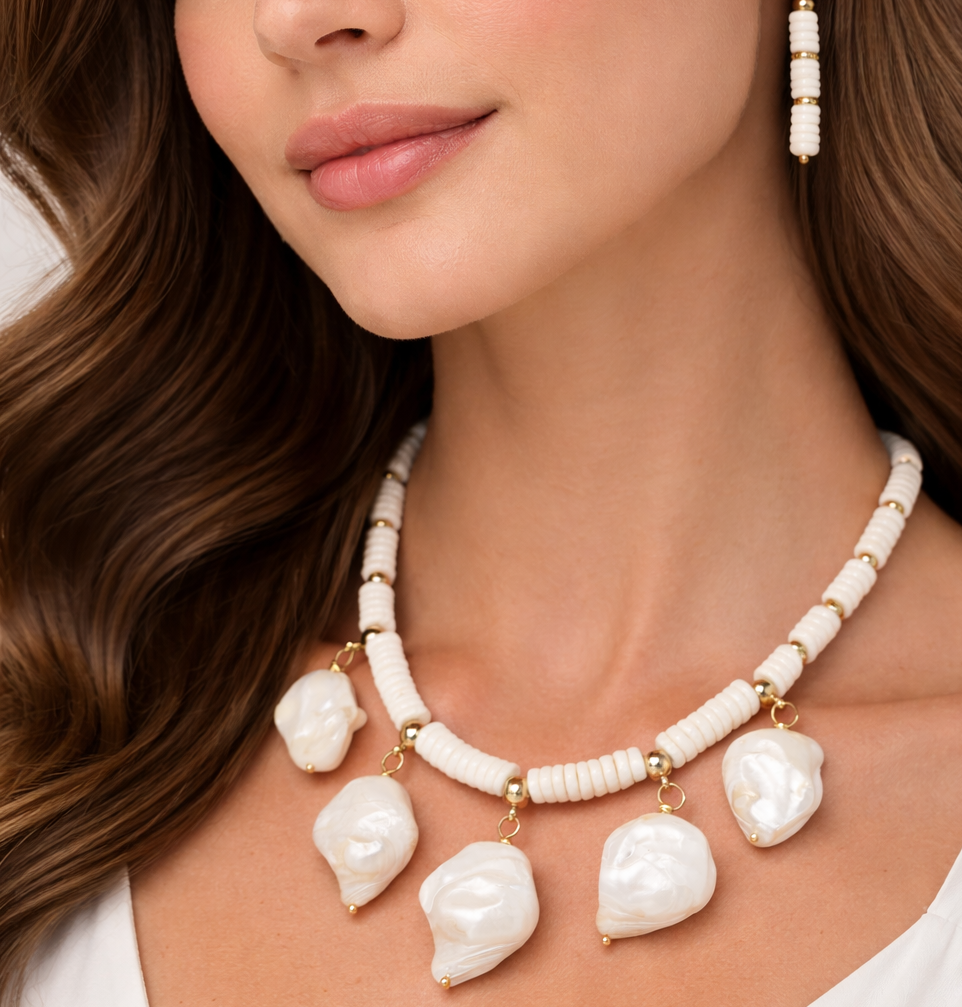 Mother of Pearl Nugget Necklace & Earring Set | White Shell Heishi Beads | Gold Accents