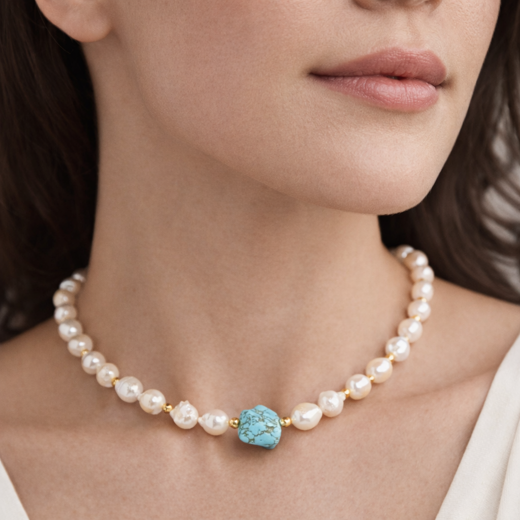 Modern Turquoise & Pearl Necklace