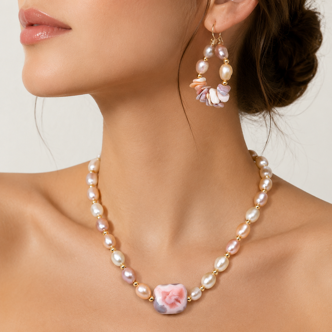 Botswana Agate & Freshwater Pearl Jewelry Set – Multicolor Pearl Necklace and Earrings