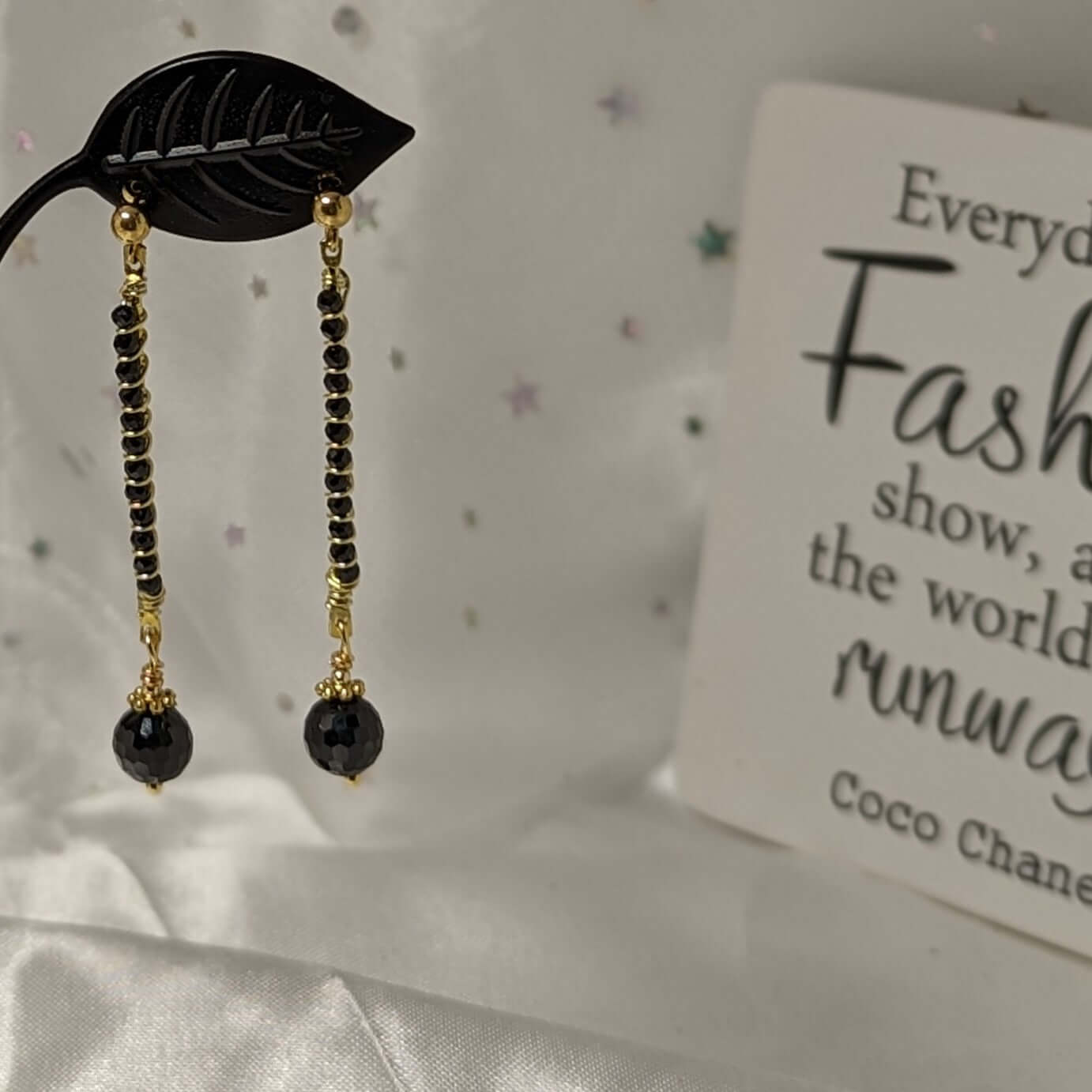 Earring: Wire Wrapped Black Spinel w/Black Spinel Dangle