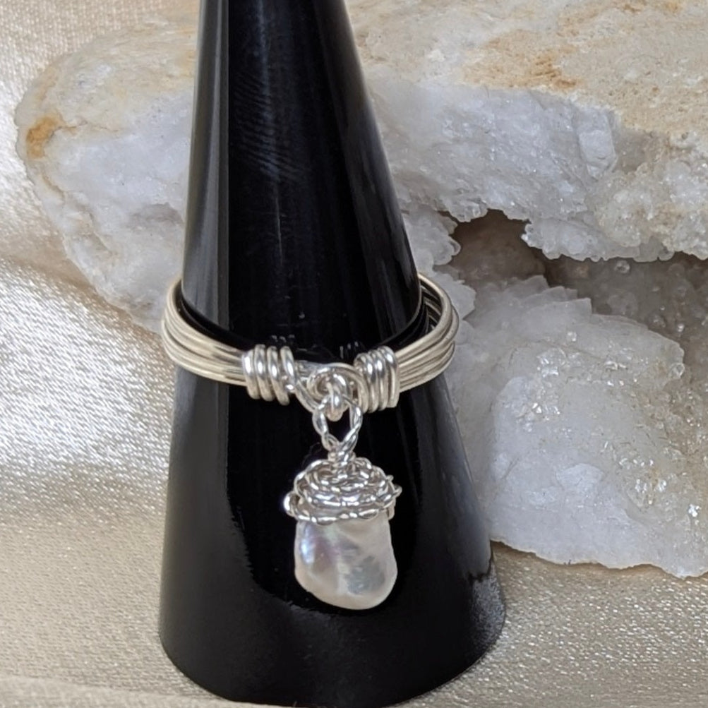 Sterling Silver Ring with Keshi Pearl Charm