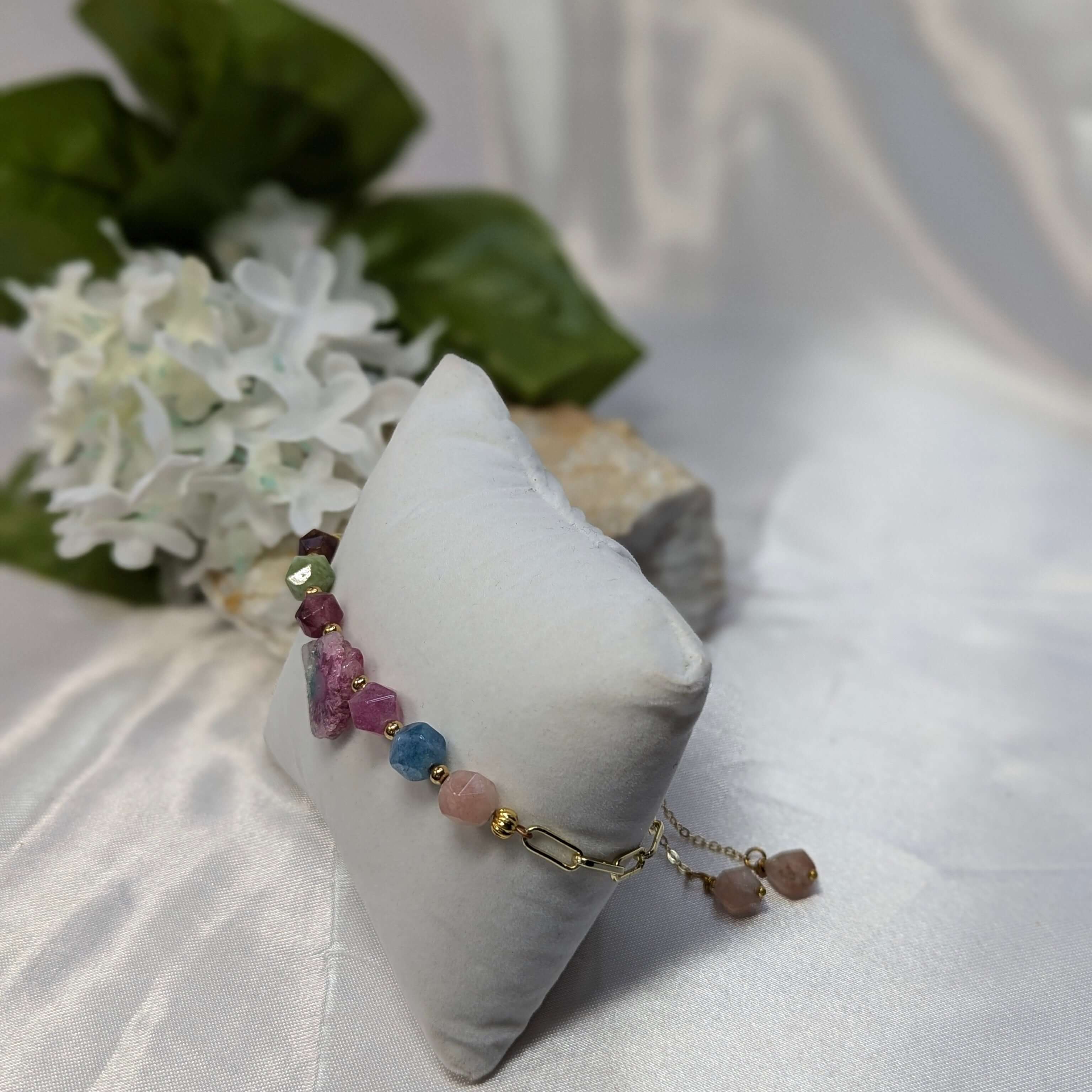 Bracelet: Watermelon Solar Quartz with watermelon tourmaline star cut gemstones
