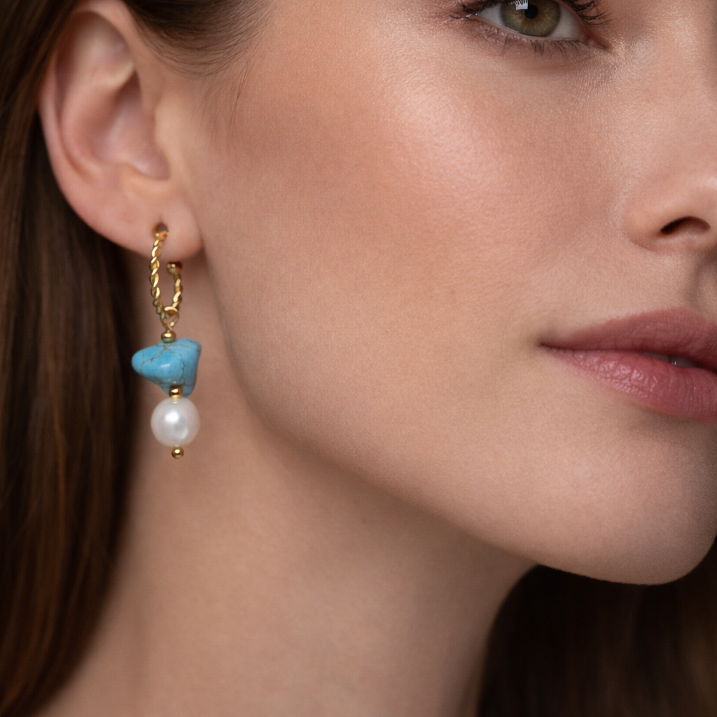 Turquoise Pearl Earrings | Gold Hoop Drop Earrings | Handcrafted Jewelry