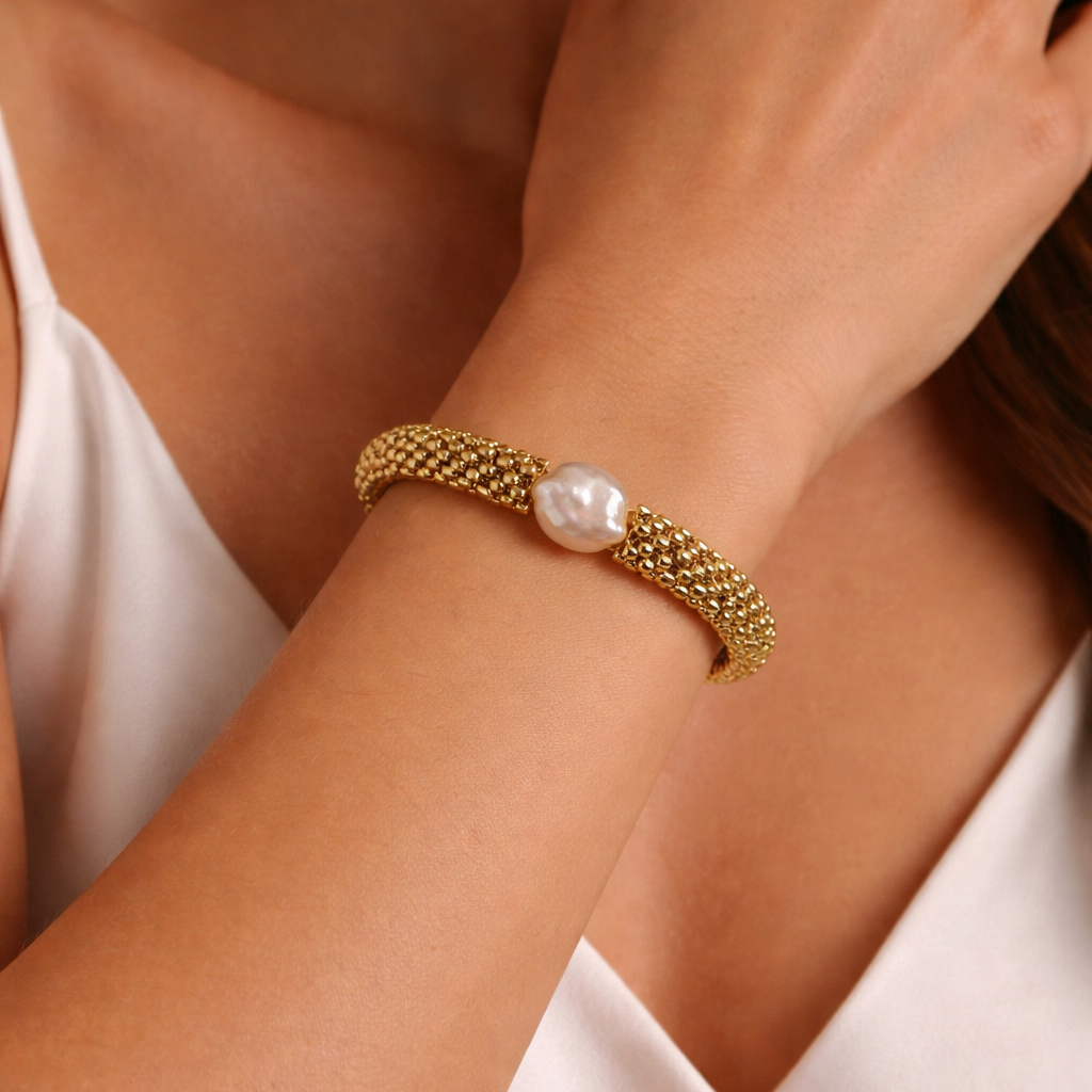 Beaded Mesh Pearl Bracelet – Baroque Freshwater Pearl Accent