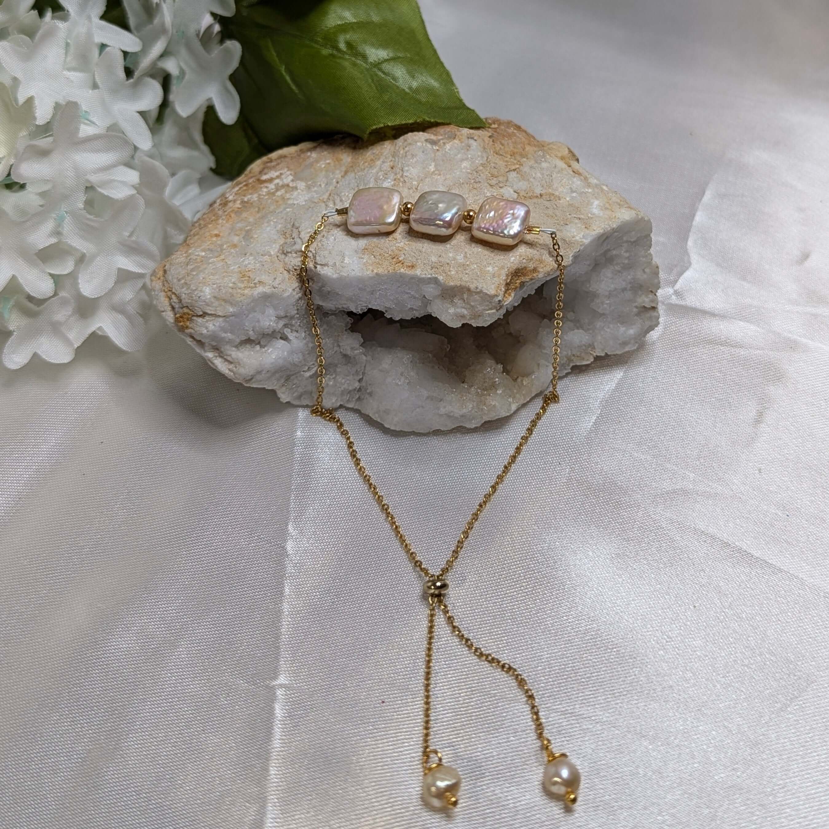 Triple Square Cultured Pearl Slider Bracelet