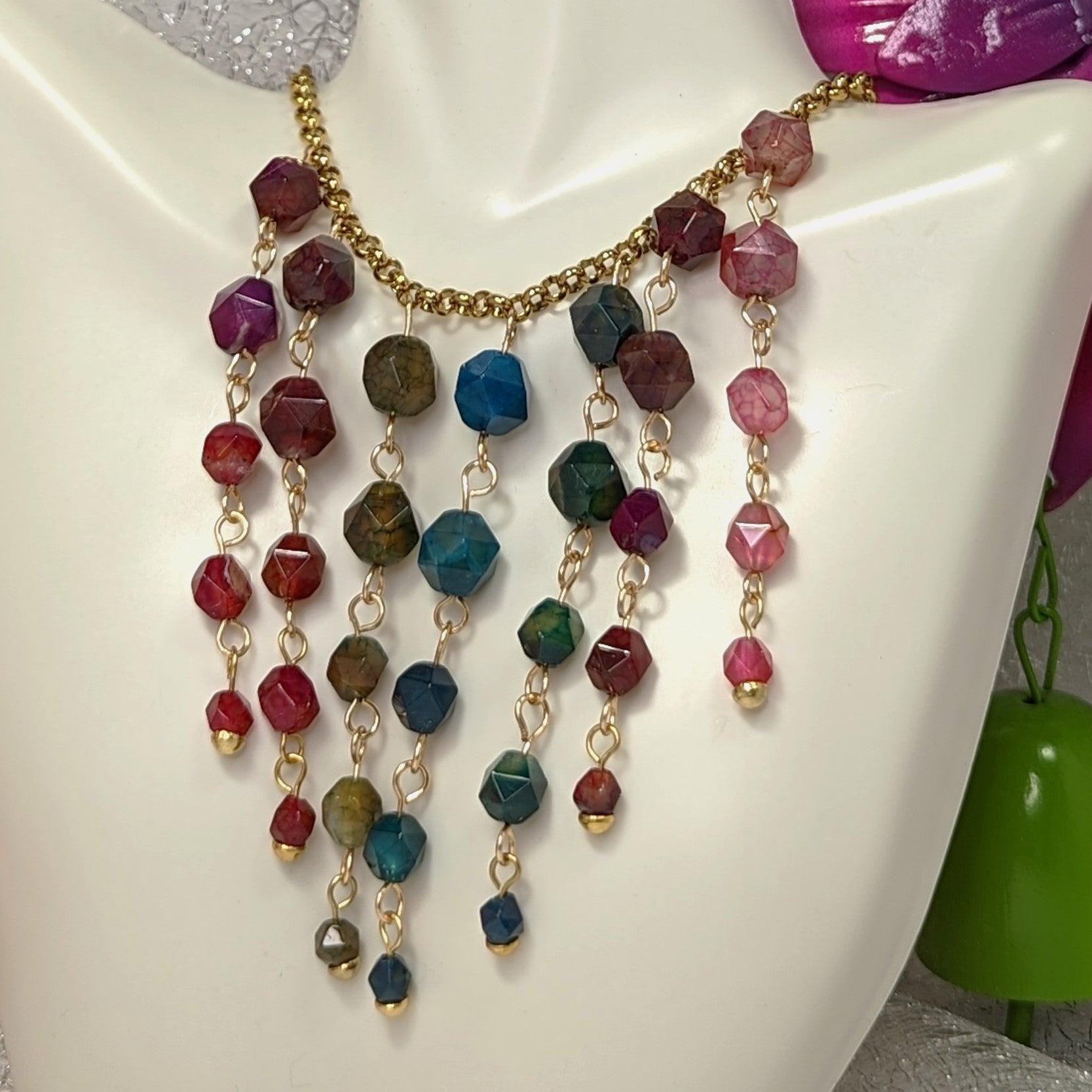 Multicolor Quench Crackle Agate Waterfall Necklace | Gold Over Stainless Steel Statement Jewelry
