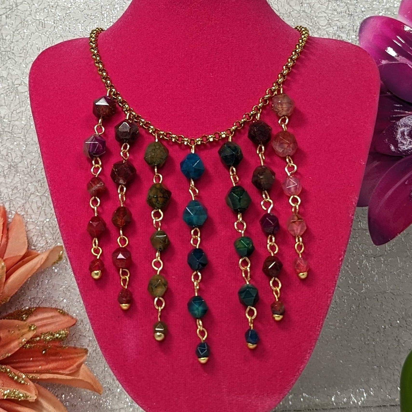 Multicolor Quench Crackle Agate Waterfall Necklace | Gold Over Stainless Steel Statement Jewelry