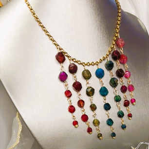 Multicolor Quench Crackle Agate Waterfall Necklace | Gold Over Stainless Steel Statement Jewelry