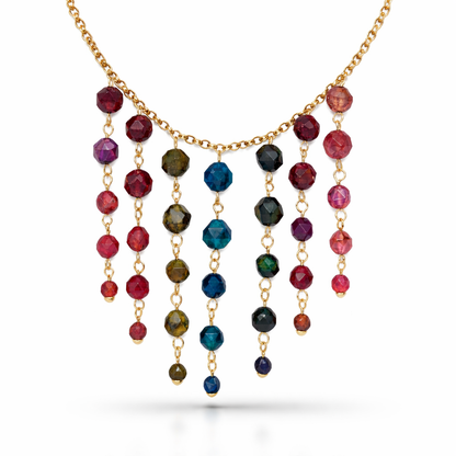 Multicolor Quench Crackle Agate Waterfall Necklace | Gold Over Stainless Steel Statement Jewelry