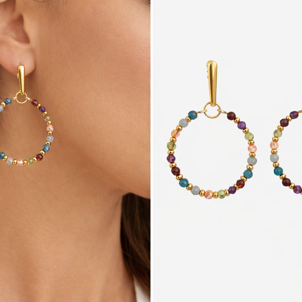 Multi Gemstone Hoop Earrings | 18K Gold Over Stainless Steel | Colorful Gemstone Jewelry