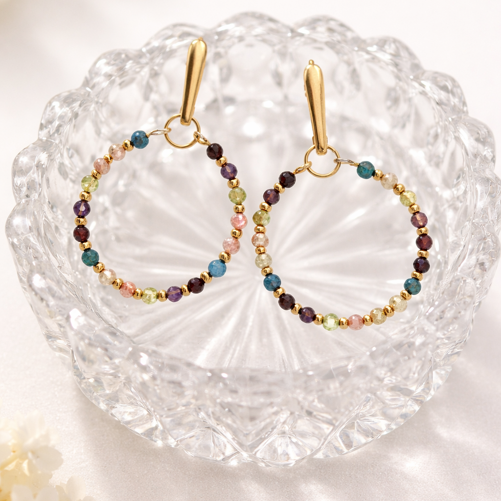 Multi Gemstone Hoop Earrings | 18K Gold Over Stainless Steel | Colorful Gemstone Jewelry