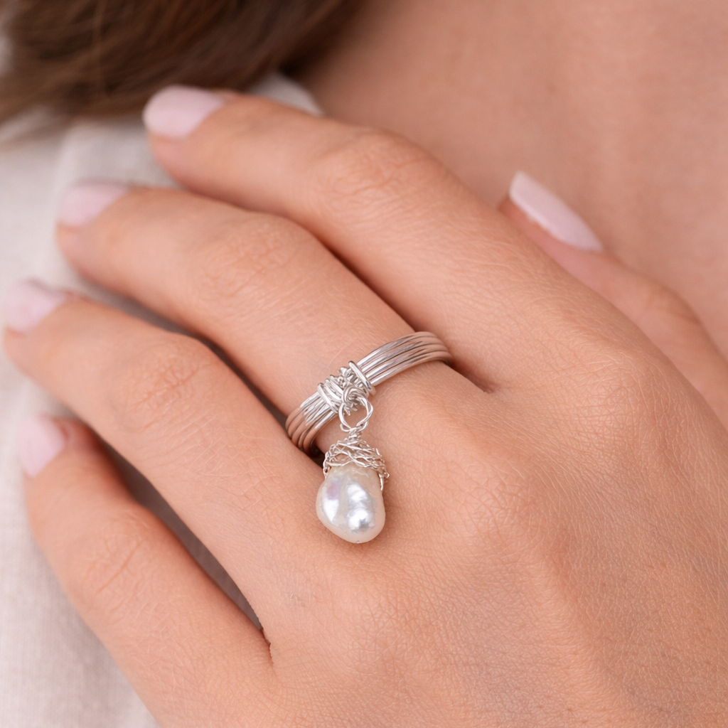 Sterling Silver Ring with Keshi Pearl Charm