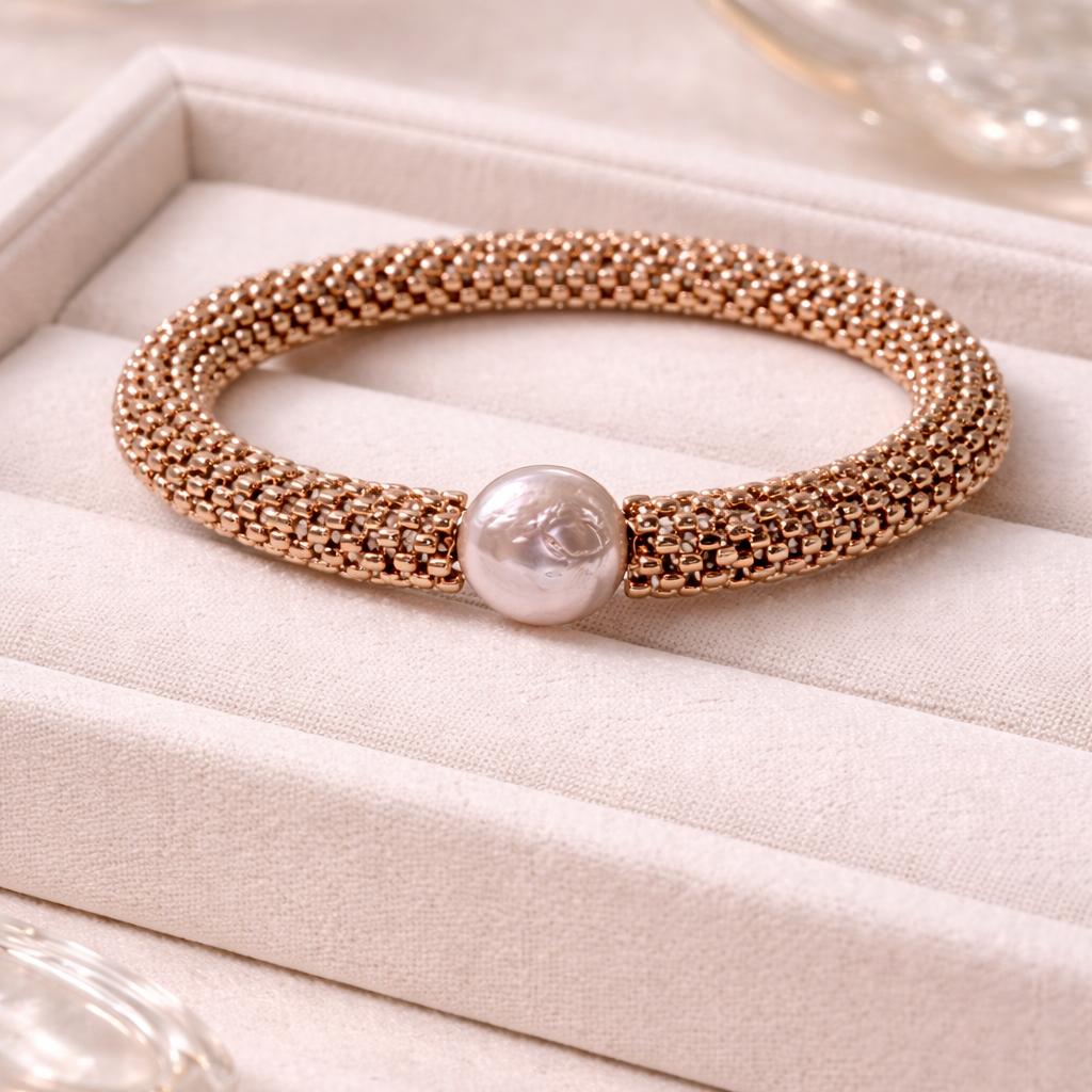Beaded Mesh Pearl Bracelet – Baroque Freshwater Pearl Accent