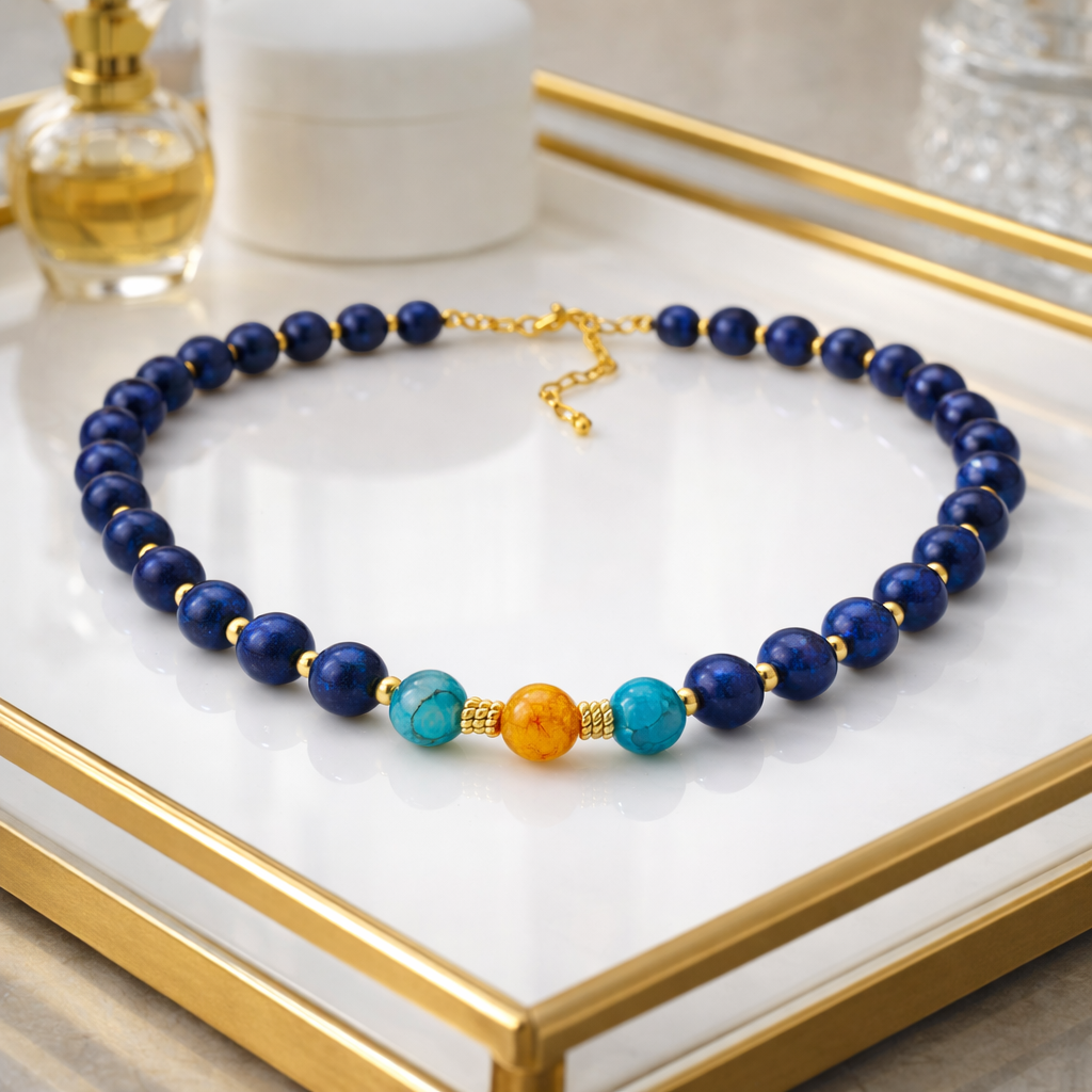 Lapis Lazuli Necklace with Crackle Agate | Gold Beaded Jewelry