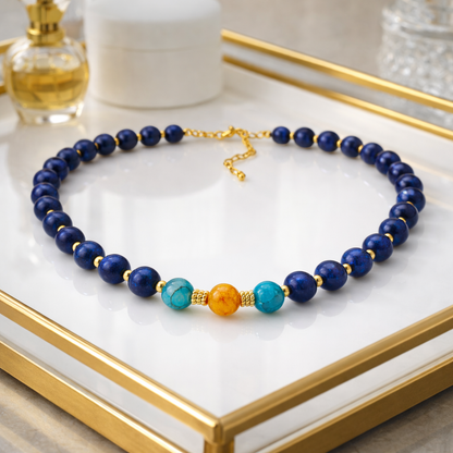 Lapis Lazuli Necklace with Crackle Agate | Gold Beaded Jewelry