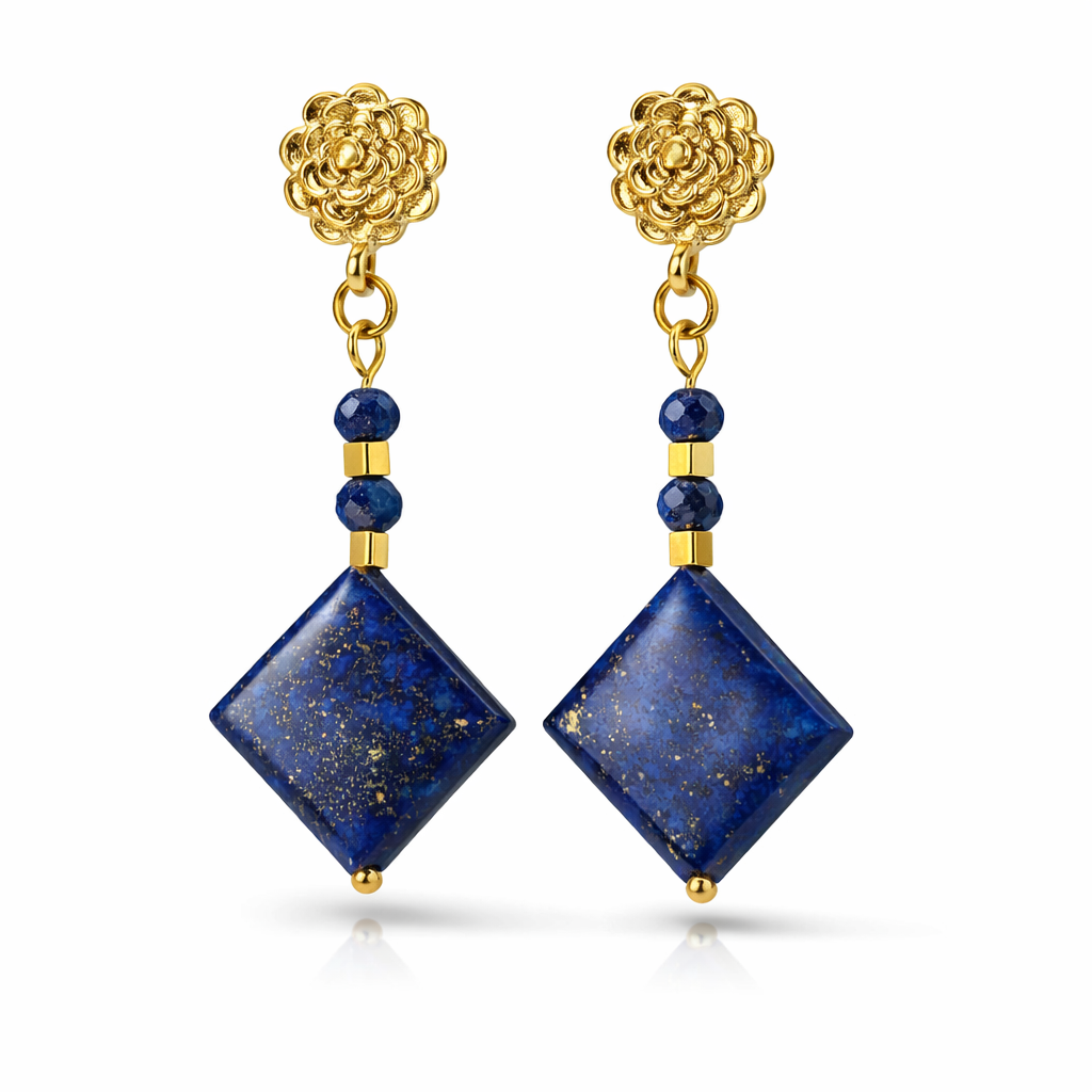 Lapis Lazuli Statement Drop Earrings – Gold Floral Stud &amp; Gemstone Dangle