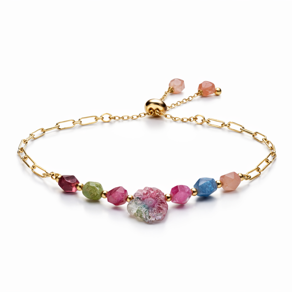 Multicolored Agate Bracelet with Solar Quartz | Adjustable Gold Gemstone Bracelet