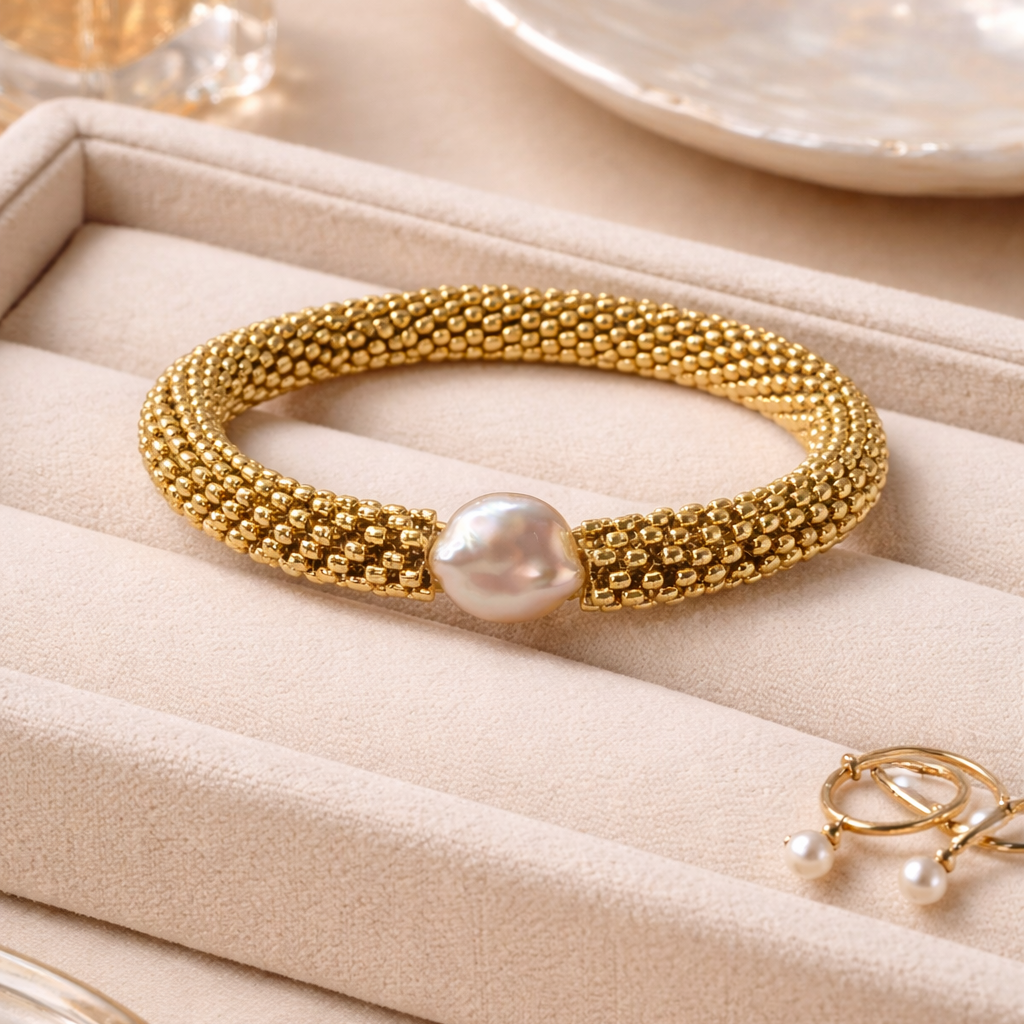 Beaded Mesh Pearl Bracelet – Baroque Freshwater Pearl Accent