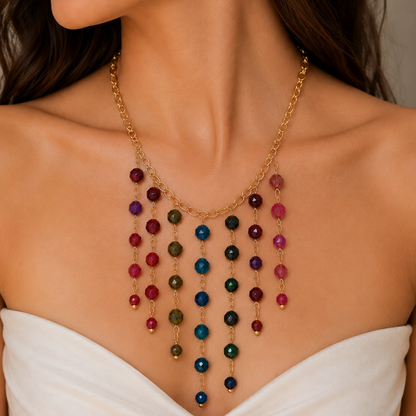 Multicolor Quench Crackle Agate Waterfall Necklace | Gold Over Stainless Steel Statement Jewelry