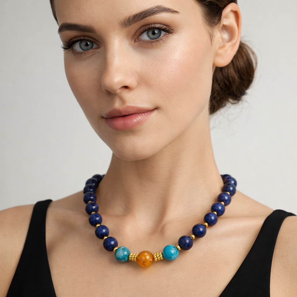 Lapis Lazuli Necklace with Crackle Agate | Gold Beaded Jewelry