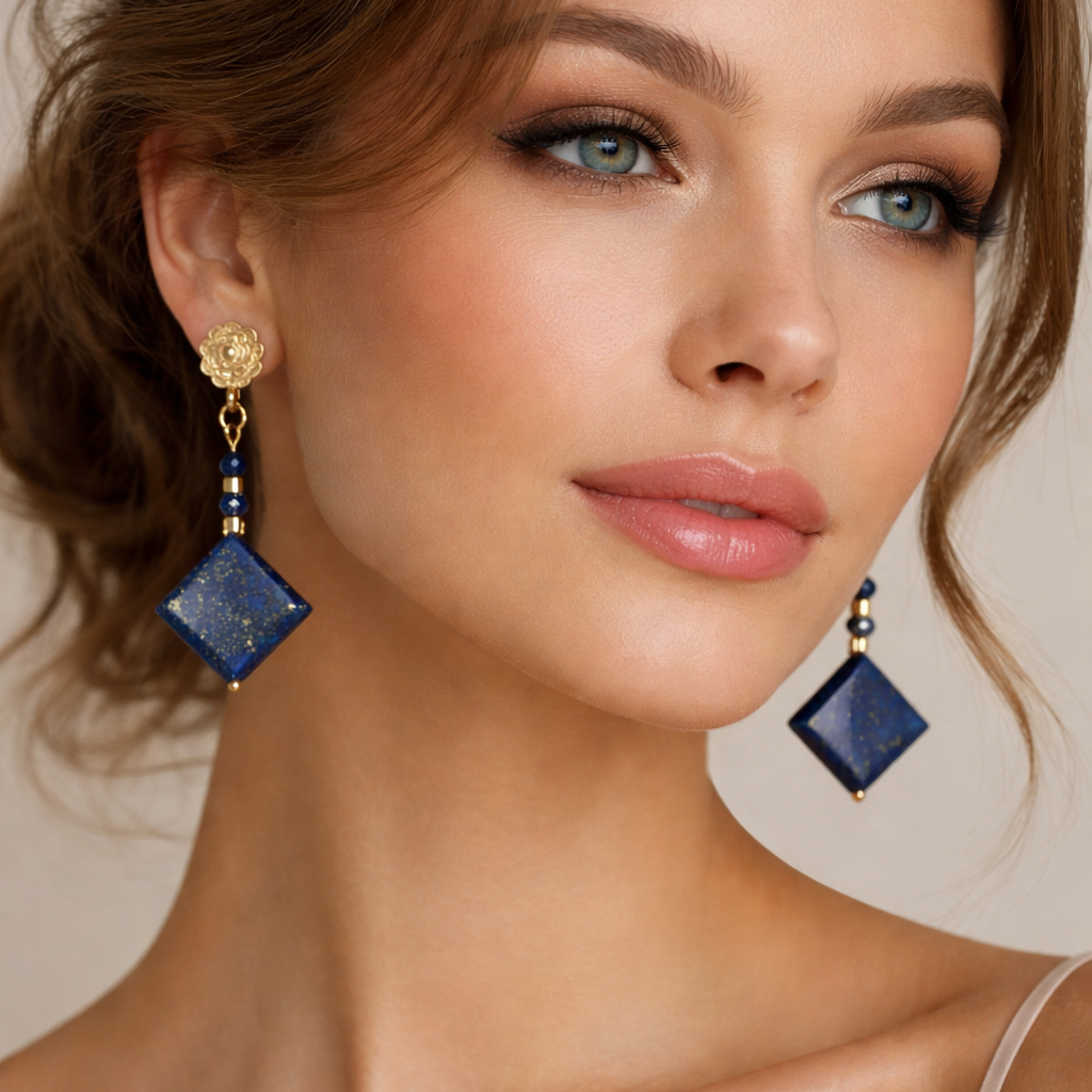 Lapis Lazuli Statement Drop Earrings – Gold Floral Stud &amp; Gemstone Dangle