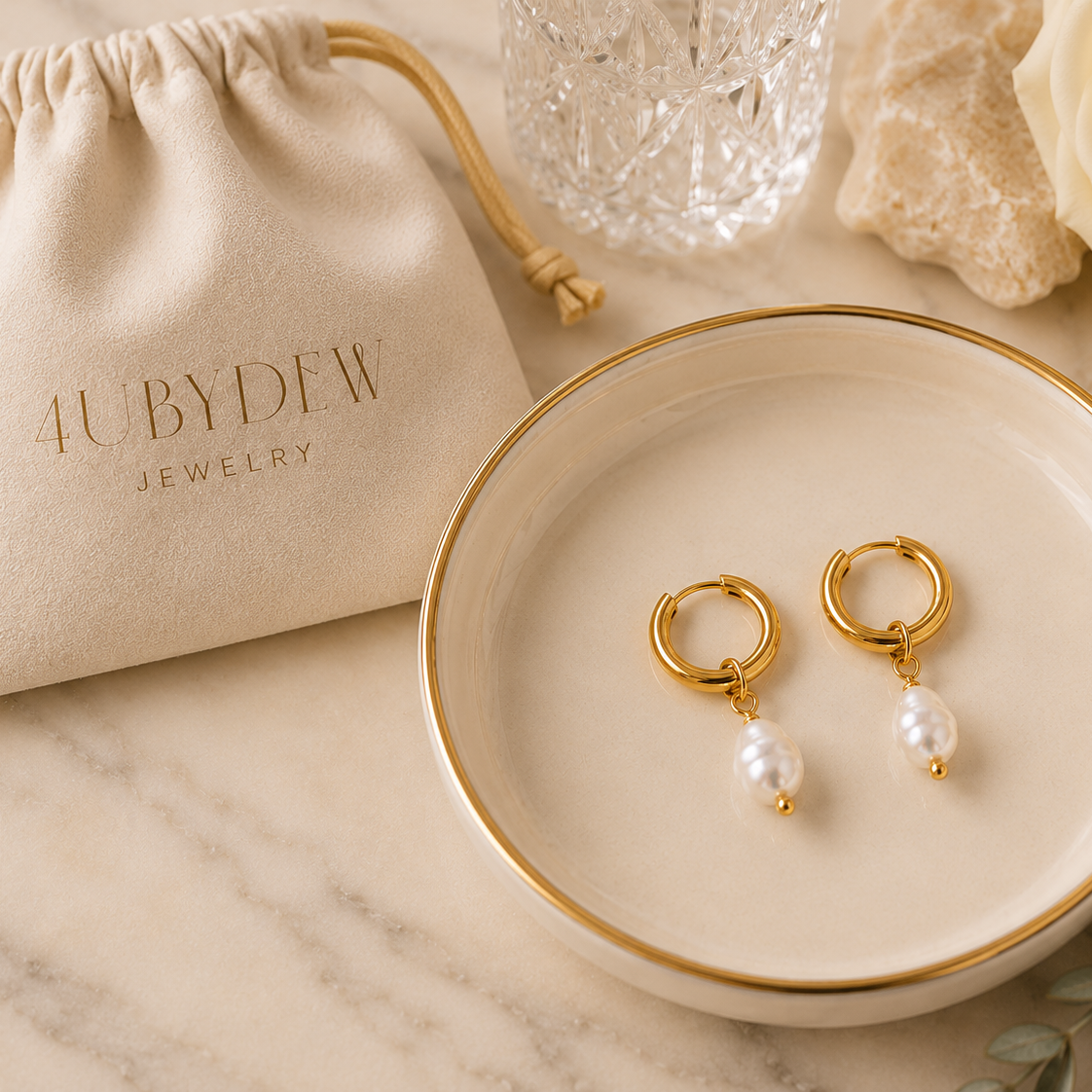 Luxury flat lay of handcrafted freshwater pearl hoop earrings beside a 4ubydew jewelry pouch on a cream marble vanity.