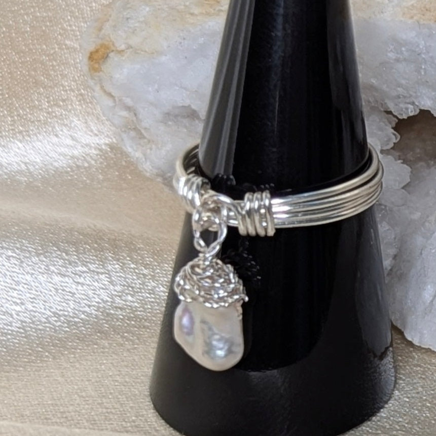 Ring:  Keshi Pearl Wire Wrapped Dangle