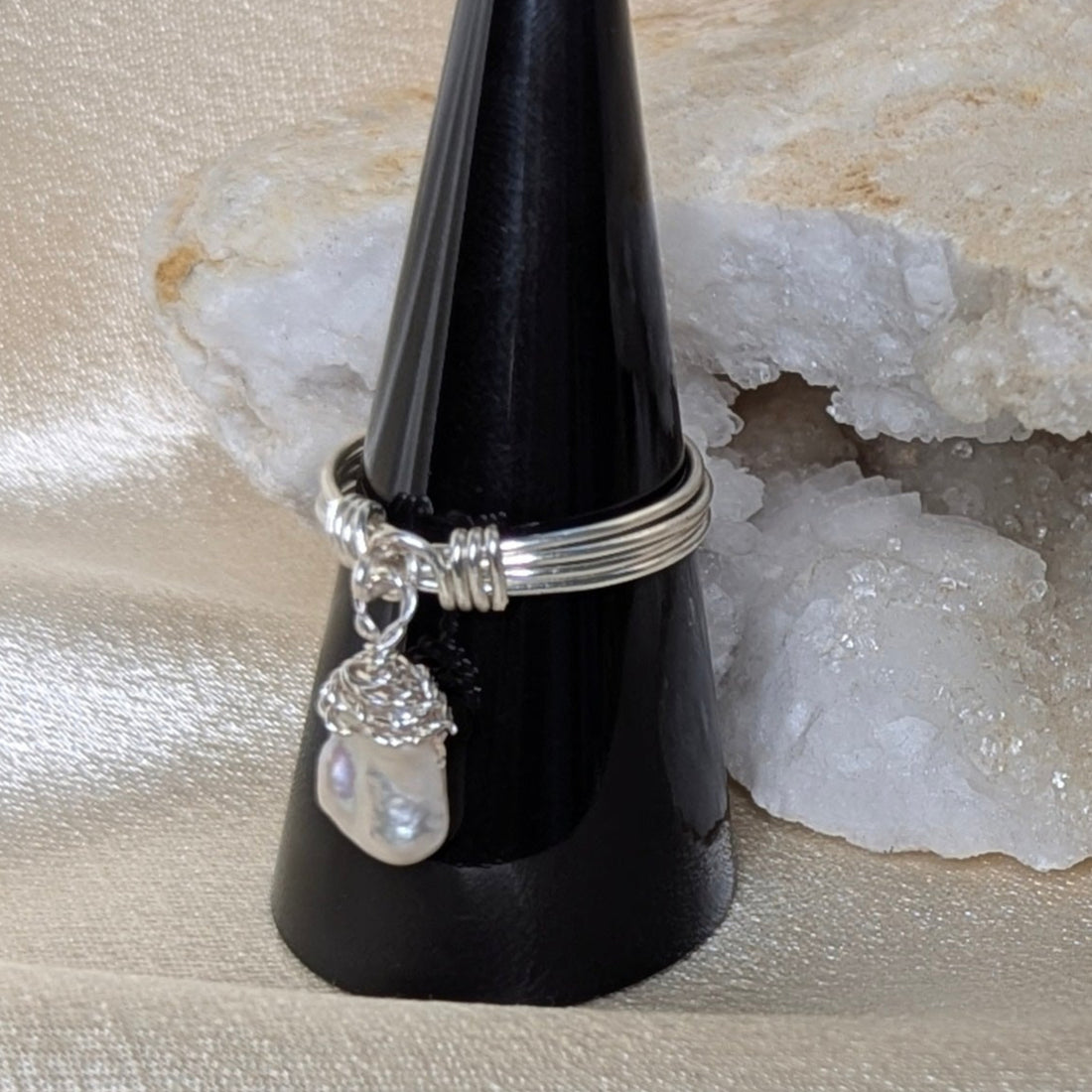 Ring:  Keshi Pearl Wire Wrapped Dangle
