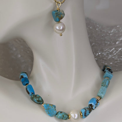 Handcrafted Turquoise and Freshwater Pearl Jewelry Set – Artisan Boho Luxe Necklace &amp; Earrings