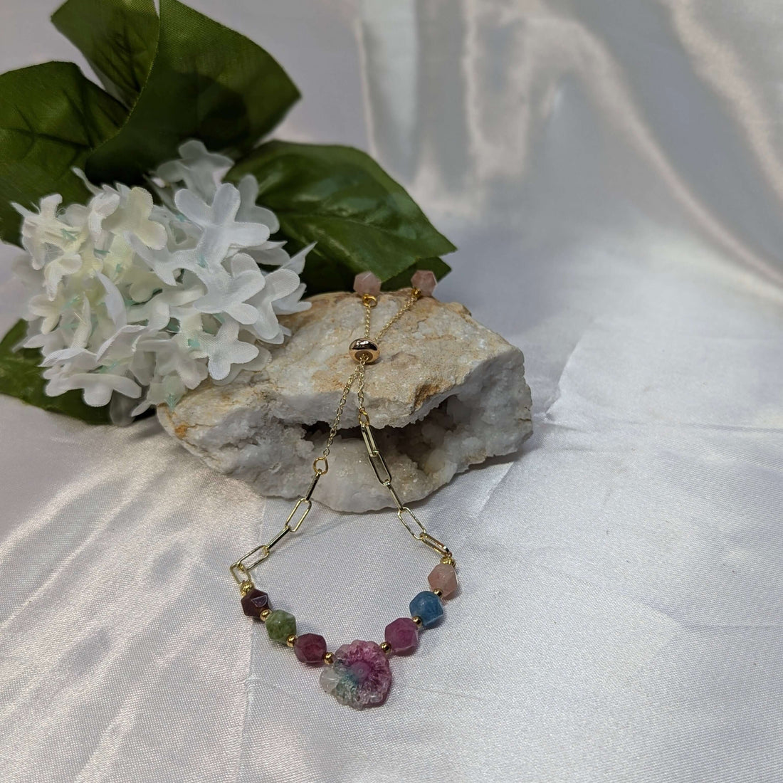 Bracelet:  Watermelon Solar Quartz with watermelon tourmaline star cut gemstones