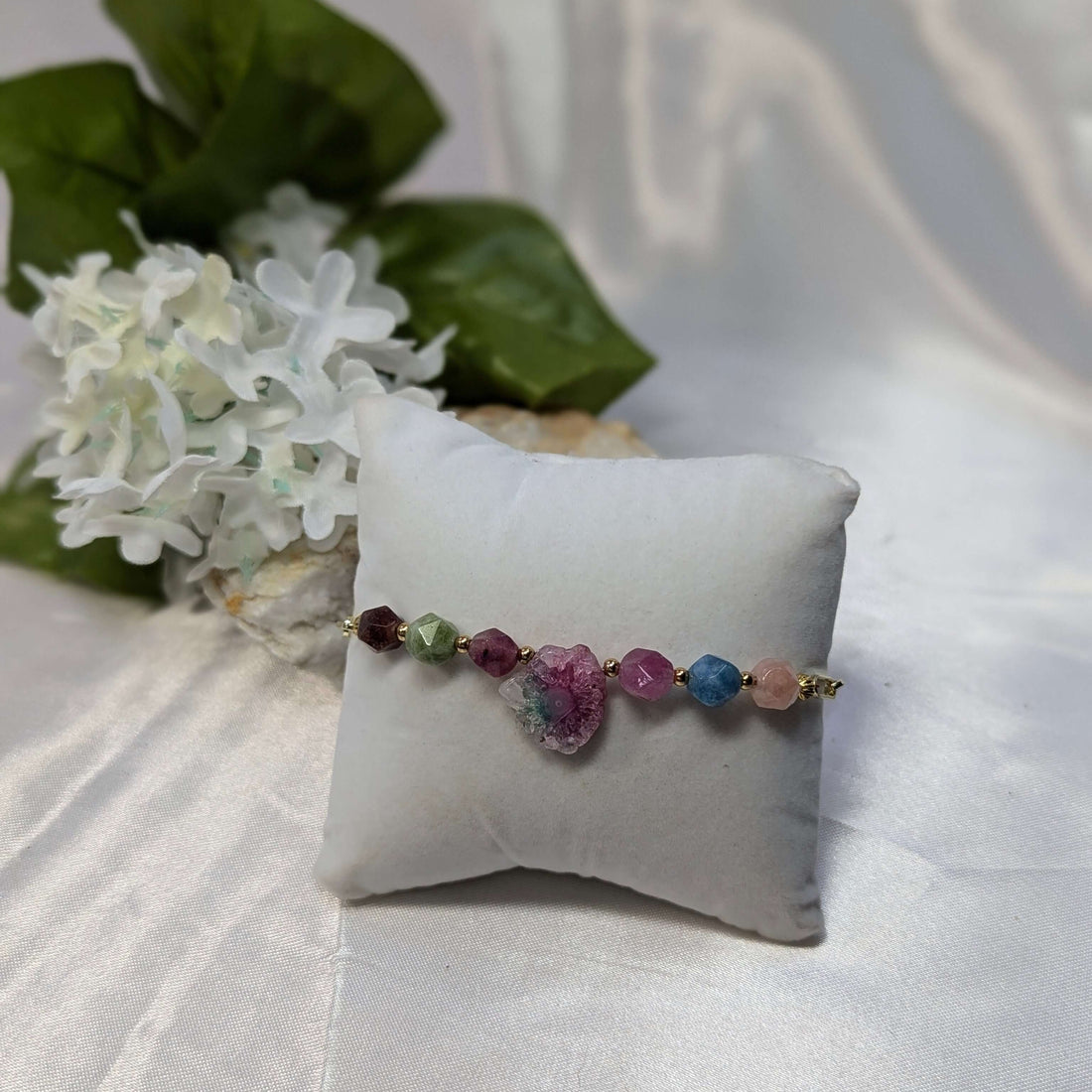 Bracelet:  Watermelon Solar Quartz with watermelon tourmaline star cut gemstones