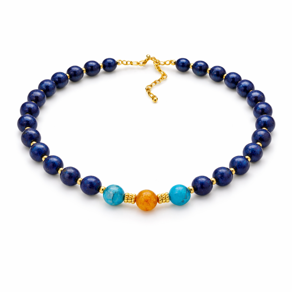Lapis Lazuli Necklace with Crackle Agate | Gold Beaded Jewelry
