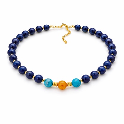 Lapis Lazuli Necklace with Crackle Agate | Gold Beaded Jewelry