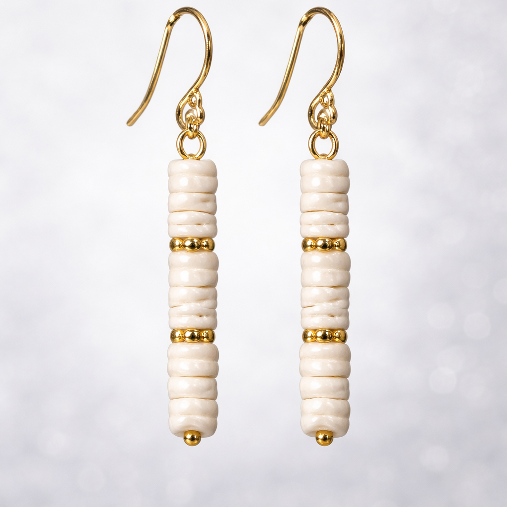 Mother of Pearl Nugget Necklace &amp; Earring Set | White Shell Heishi Beads | Gold Accents