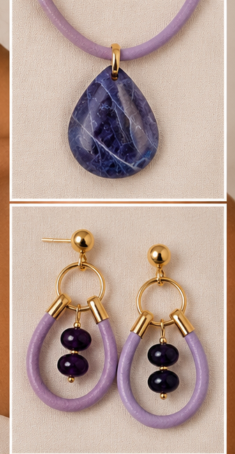 Amethyst Pendant Jewelry Set on Lilac Leather Cord – Handmade Statement Necklace &amp; Earrings