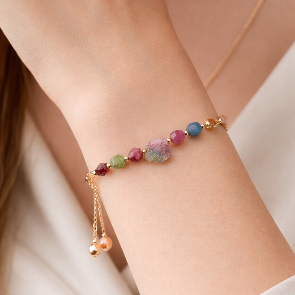 Multicolored Agate Bracelet with Solar Quartz | Adjustable Gold Gemstone Bracelet
