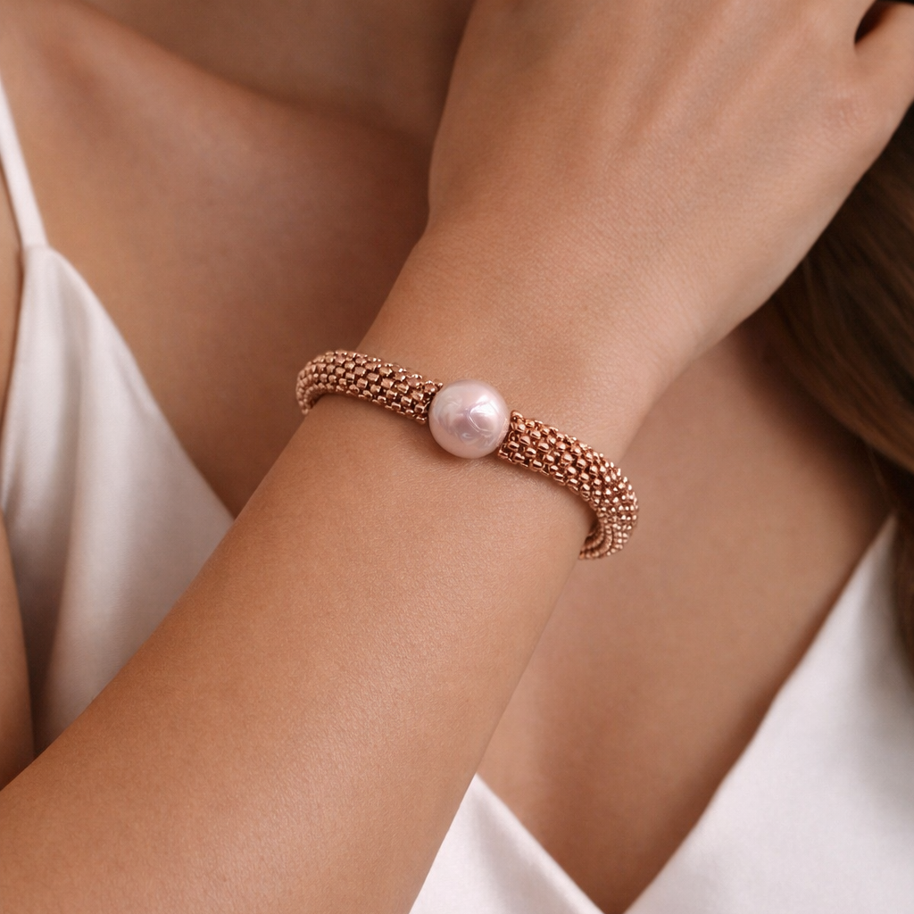 Beaded Mesh Pearl Bracelet – Baroque Freshwater Pearl Accent