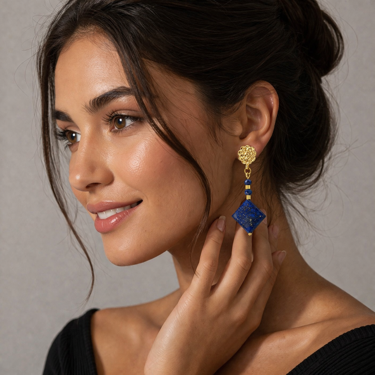 Lapis Lazuli Statement Drop Earrings – Gold Floral Stud &amp; Gemstone Dangle