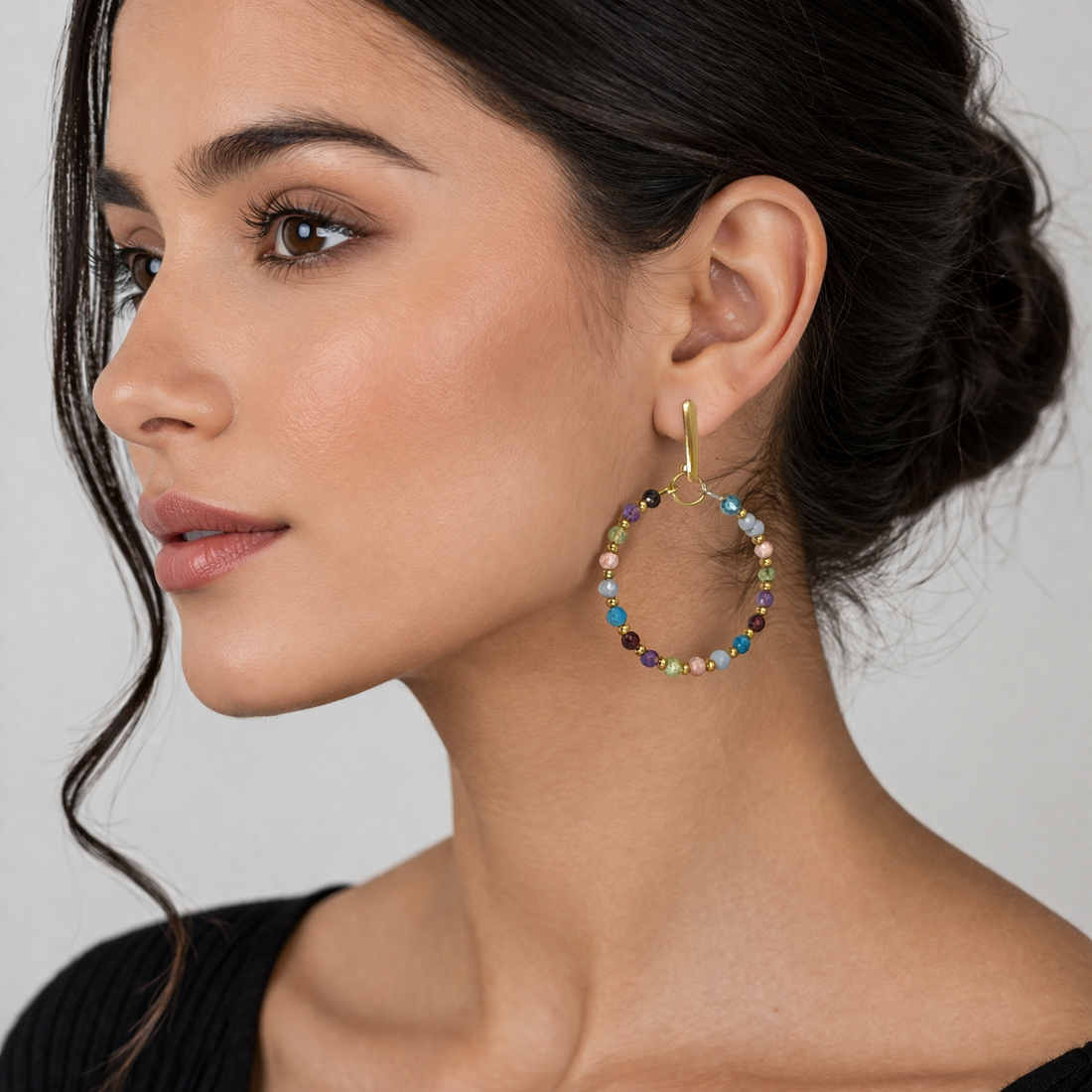 Multi Gemstone Hoop Earrings | 18K Gold Over Stainless Steel | Colorful Gemstone Jewelry