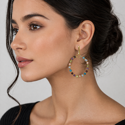 Multi Gemstone Hoop Earrings | 18K Gold Over Stainless Steel | Colorful Gemstone Jewelry