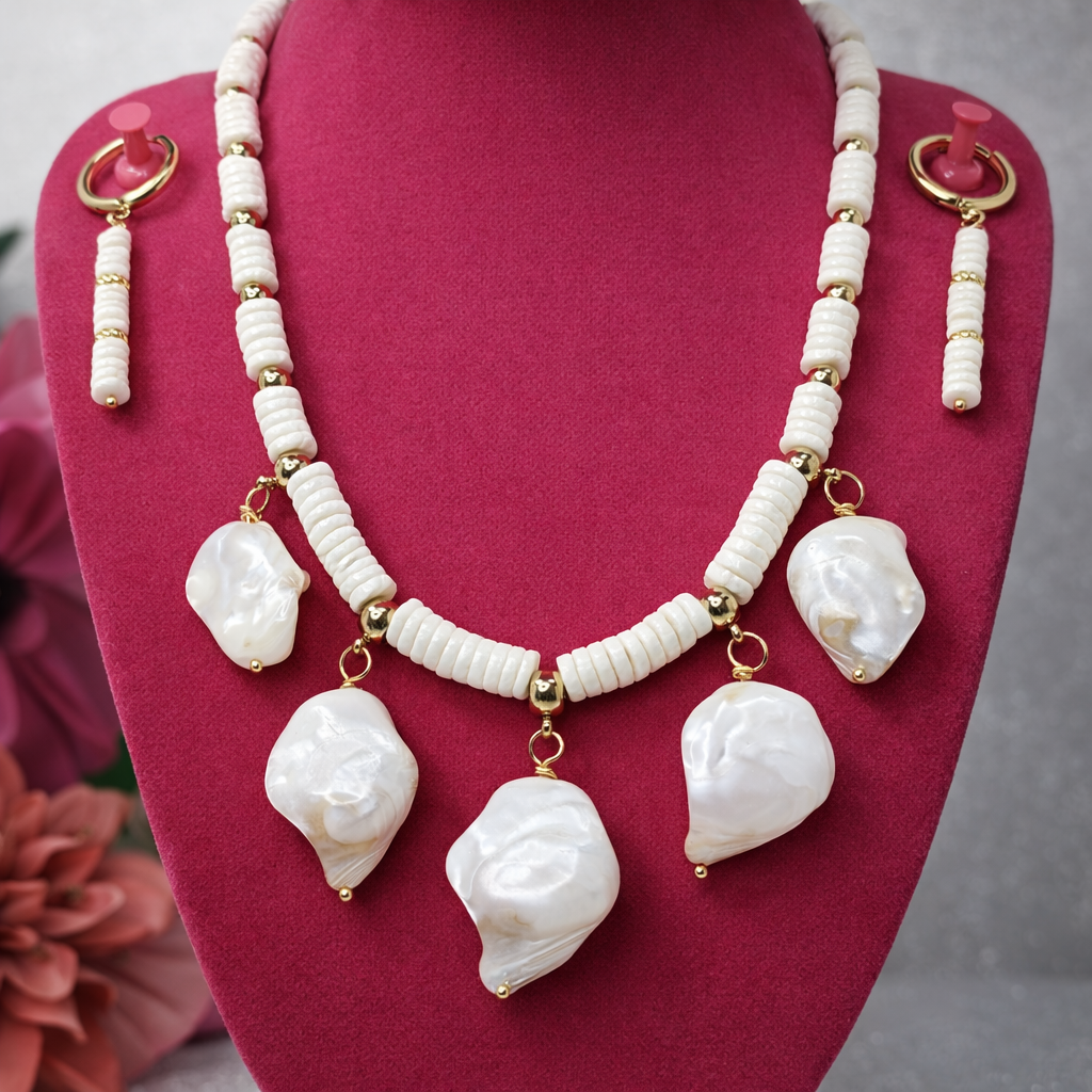 Mother of Pearl Nugget Necklace &amp; Earring Set | White Shell Heishi Beads | Gold Accents
