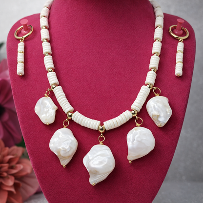 Mother of Pearl Nugget Necklace &amp; Earring Set | White Shell Heishi Beads | Gold Accents