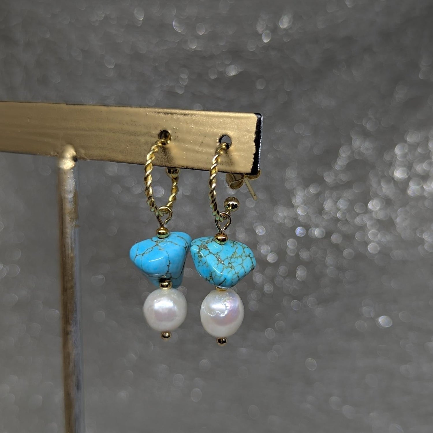 Turquoise Pearl Earrings | Gold Hoop Drop Earrings | Handcrafted Jewelry