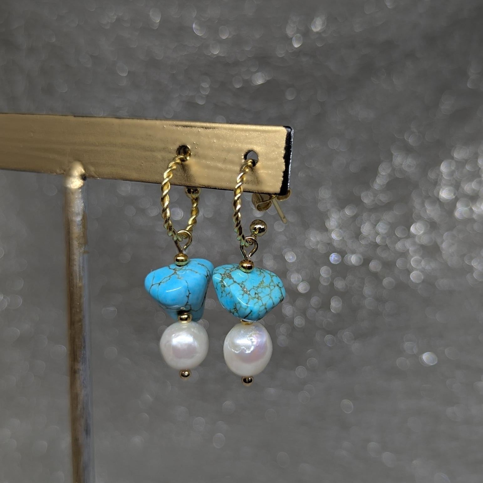 Turquoise Pearl Earrings | Gold Hoop Drop Earrings | Handcrafted Jewelry