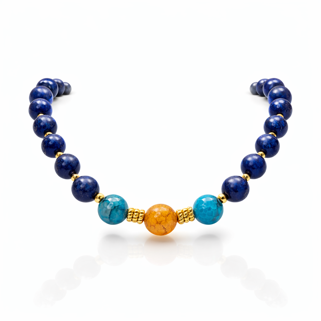 Lapis Lazuli Necklace with Crackle Agate | Gold Beaded Jewelry