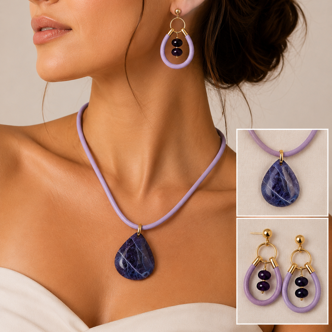 Amethyst Pendant Jewelry Set on Lilac Leather Cord – Handmade Statement Necklace &amp; Earrings