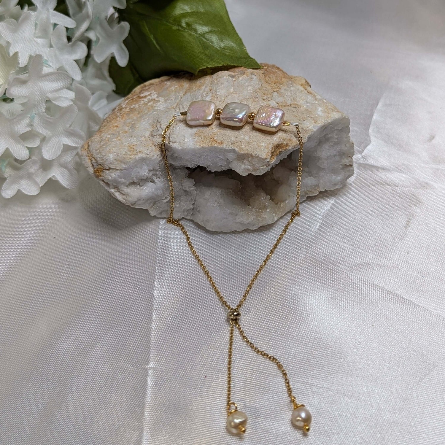 Triple Square Cultured Pearl Slider Bracelet