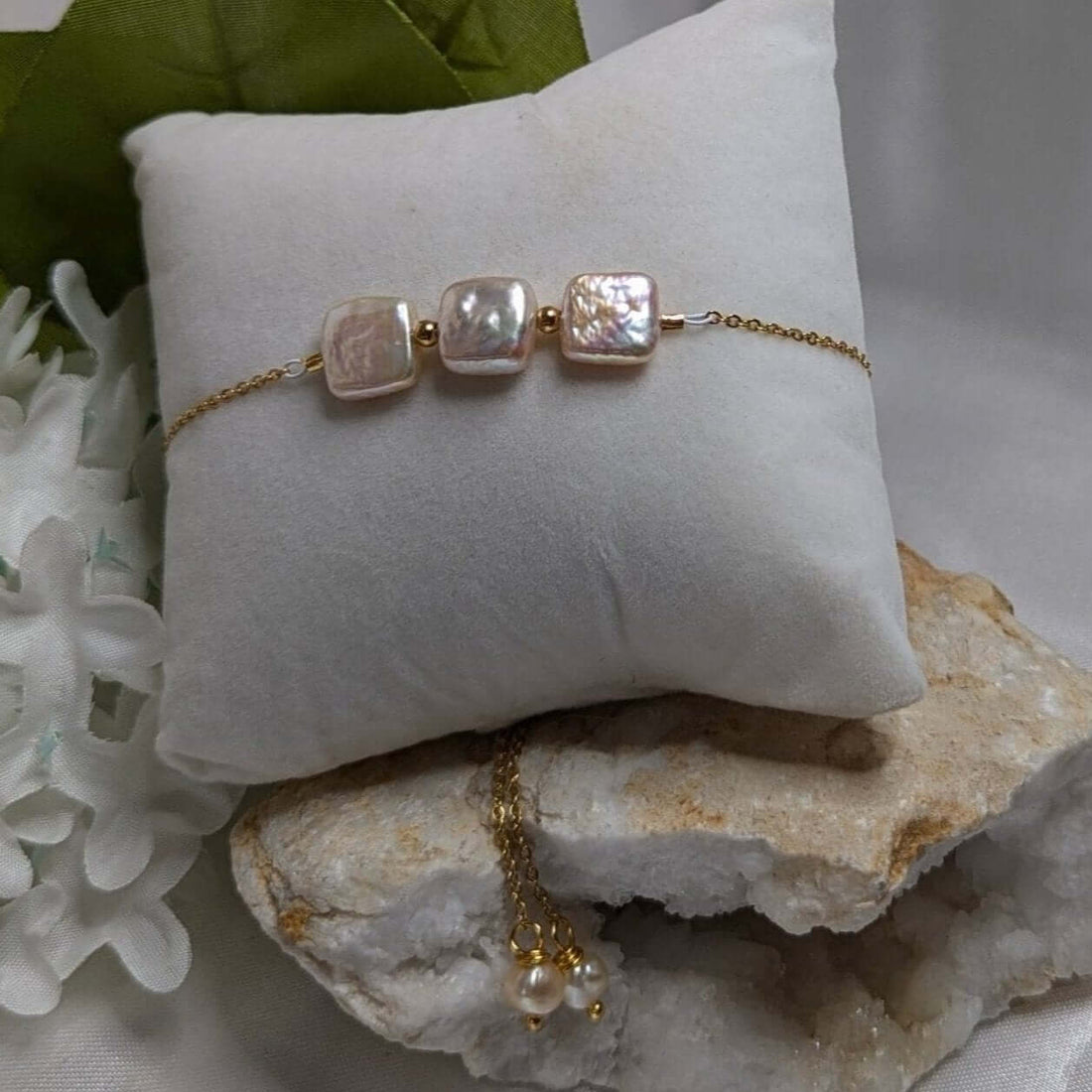Triple Square Cultured Pearl Slider Bracelet