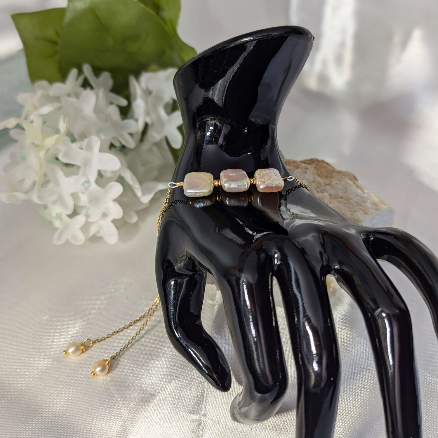 Triple Square Cultured Pearl Slider Bracelet