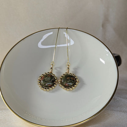 Unakite Coin Bezel Drop Earrings